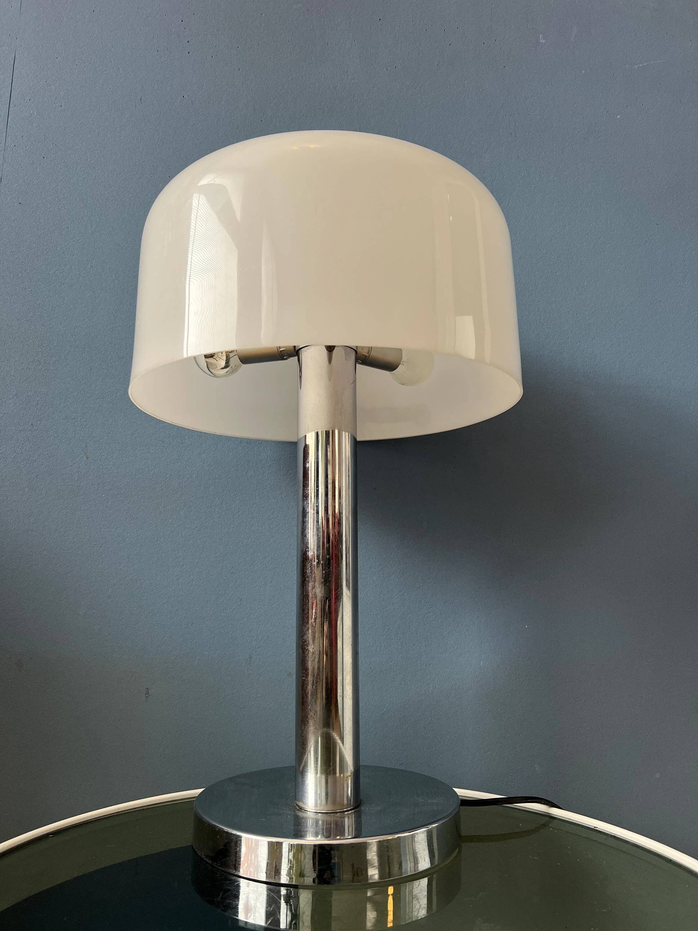 Space Age table lamp in chrome with white plexiglass mushroom shade.