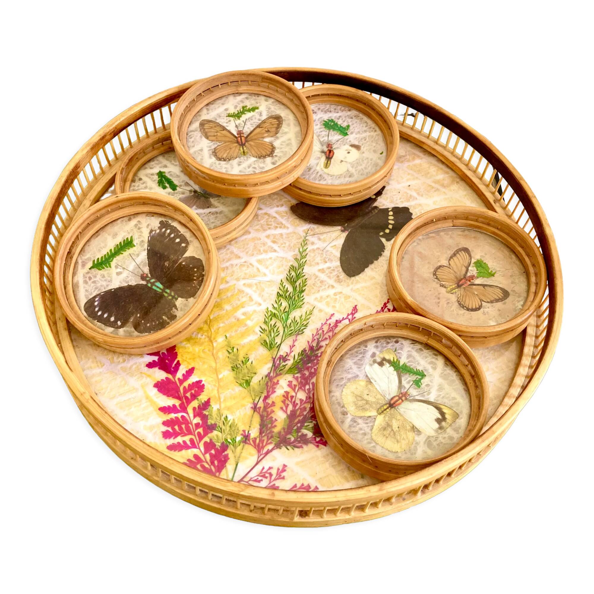 Bamboo butterfly tray and 6 vintage coasters