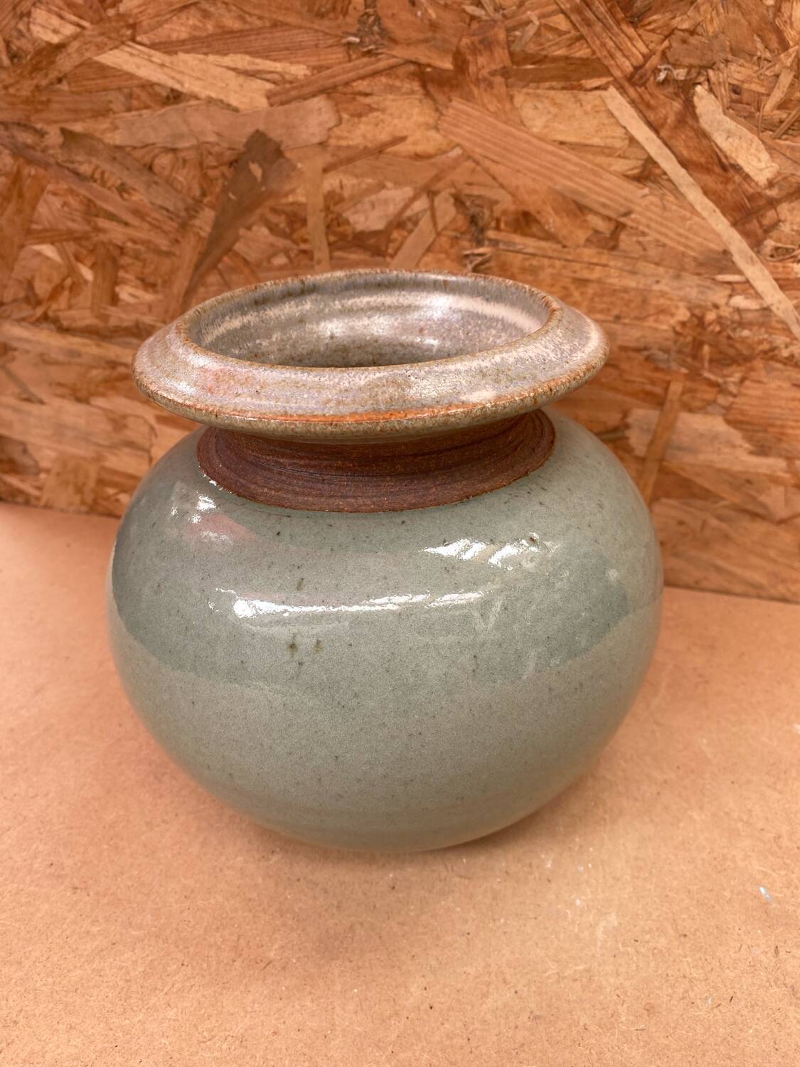 Antique vintage grey beige glazed stoneware ball vase