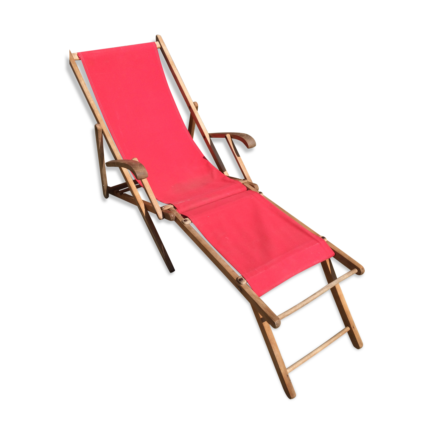 Former pliante long chair - wood foot rest - vintage red fabric