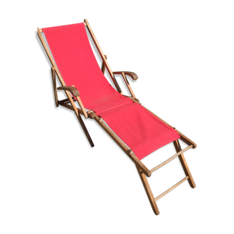 Former pliante long chair - wood foot rest - vintage red fabric