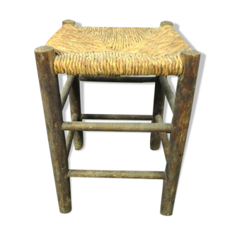 Tabouret en bois et paille vintage