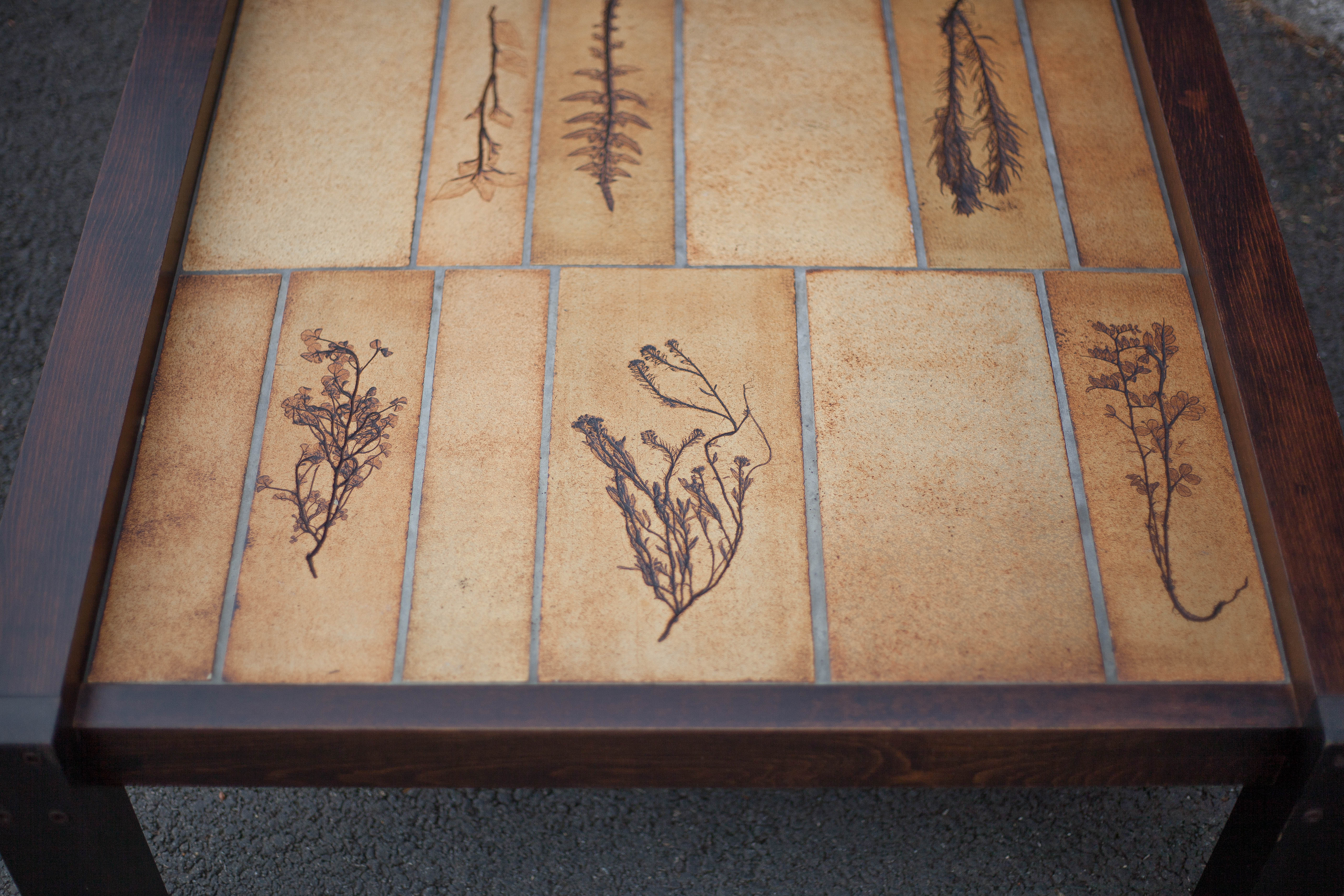 Herbarium ceramic coffee table with wooden structure, capron table, interior decoration