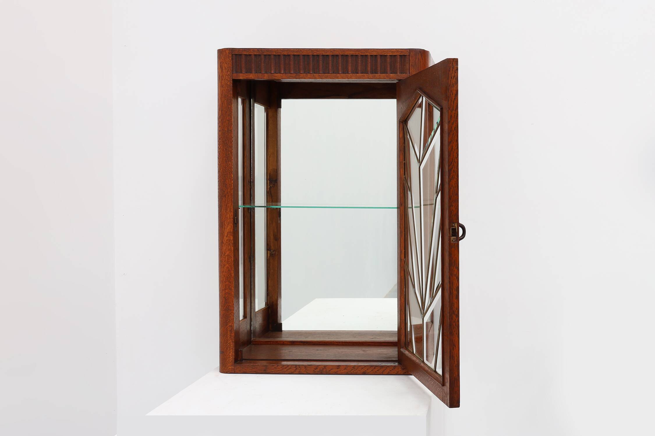 French Art Deco Oak Cabinet with Beveled Leaded Glass, ca. 1920
