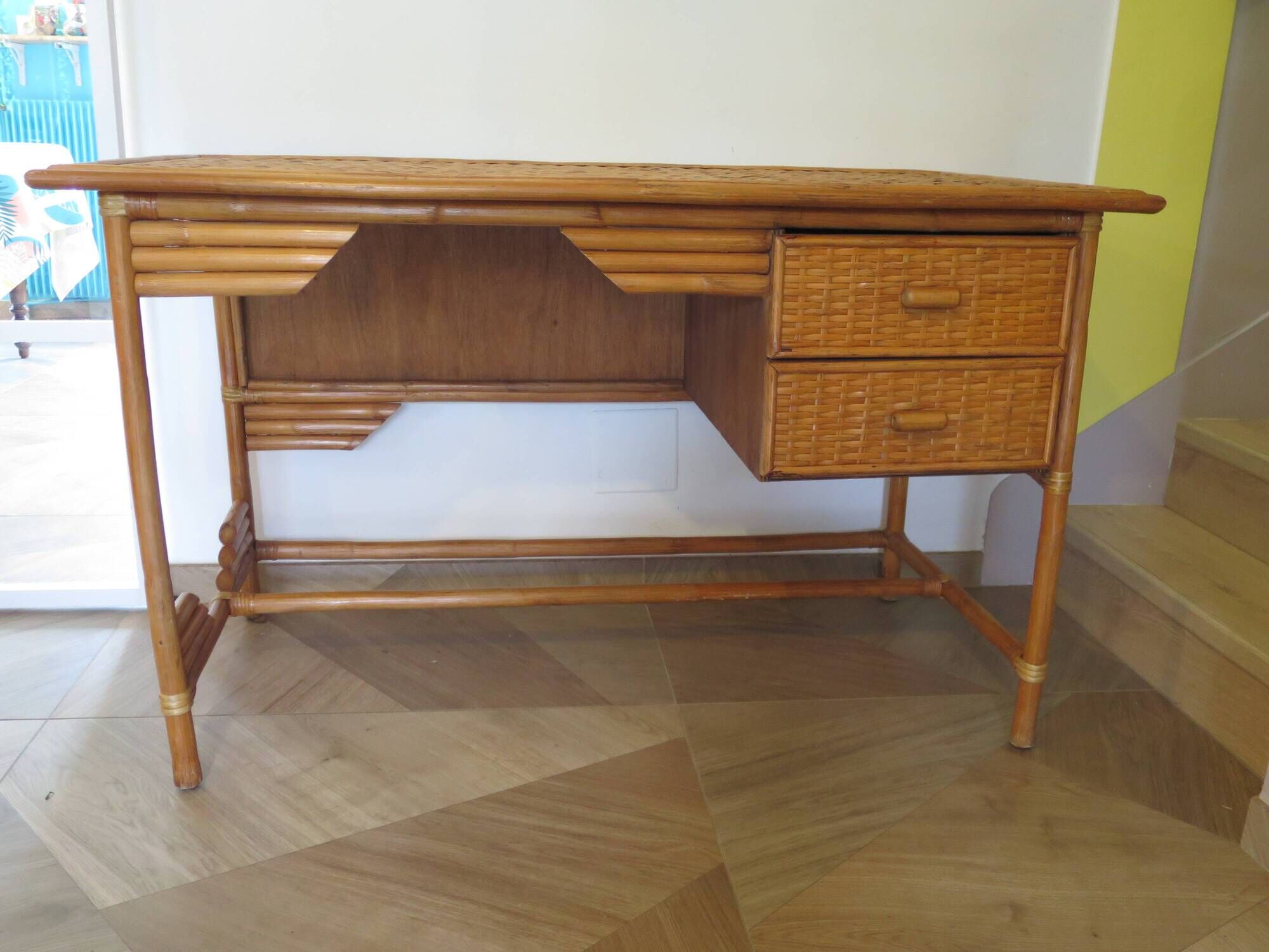 desk - wood-bamboo and woven wicker rattan - 2 drawers - large top - 80