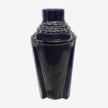 Vase en faïence émaillée bleue signé Gustave De Bruyn ART DECO