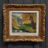 Oil on canvas by C. Jeunault 1938 kiosk and swans in a park