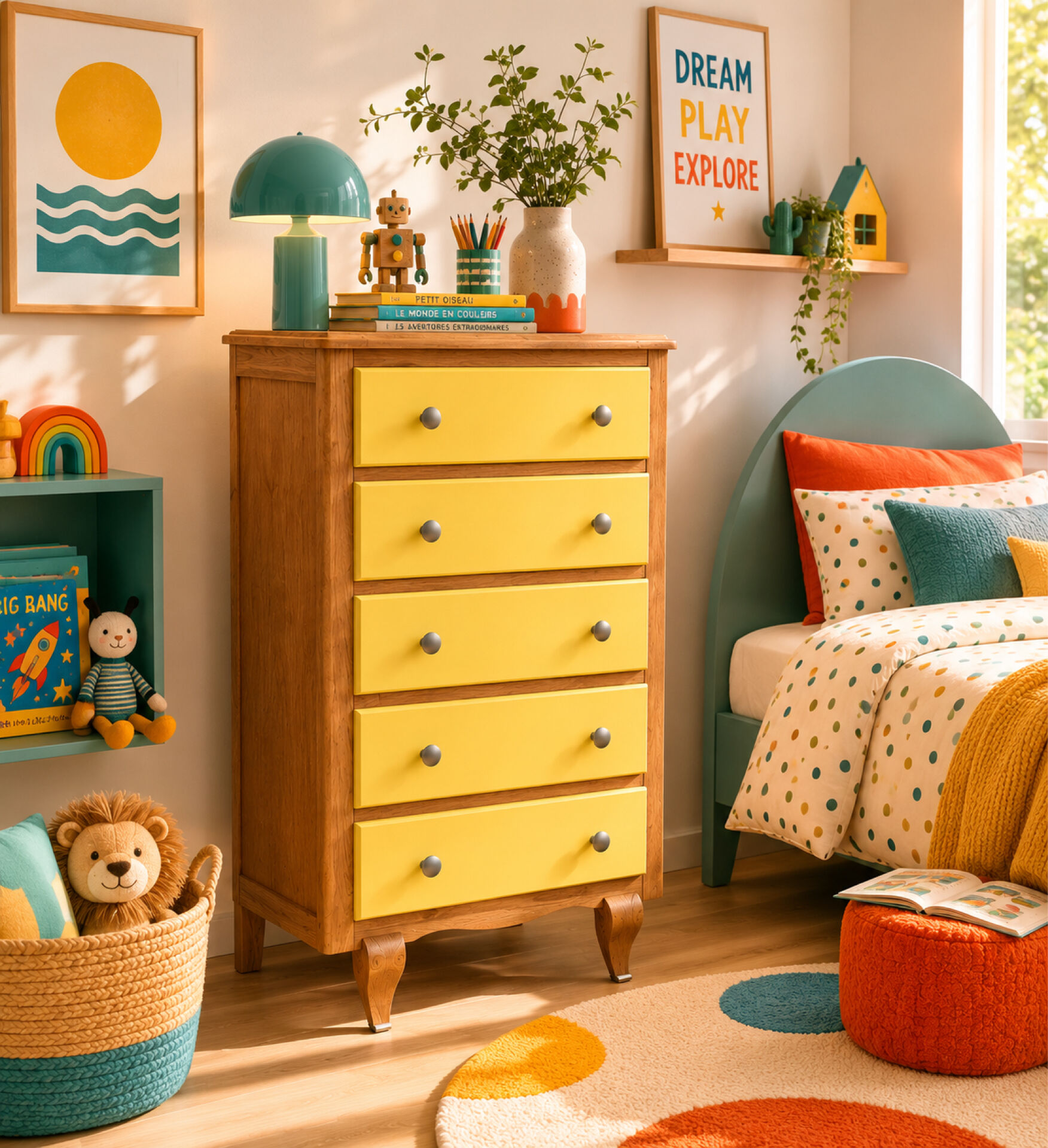 Chiffonnier art déco chêne brut et jaune