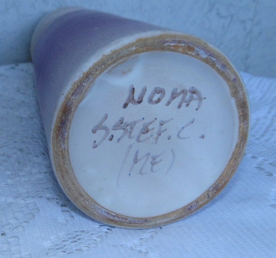 Ceramic vase with beige and purple background and flower decoration signed Orifits