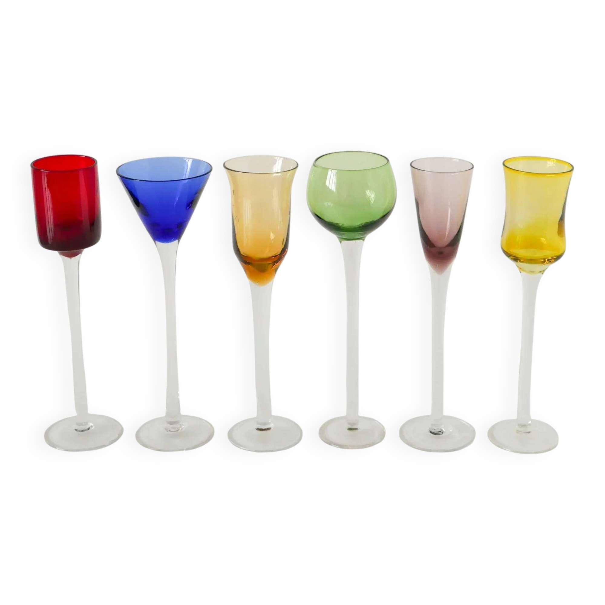 Set of 6 multicoloured liqueur glasses, designed in the 1970s.