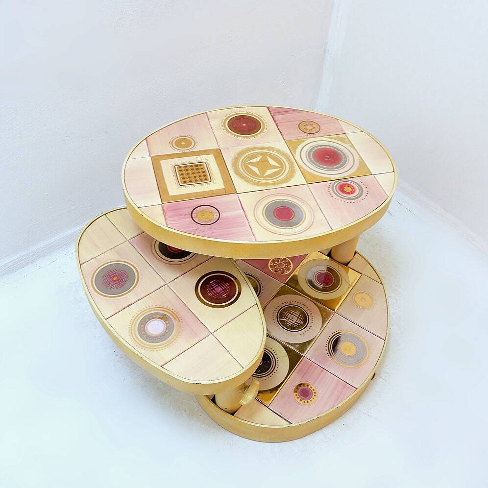 French pink ceramic swivel coffee table by Georges Pelletier, 1960s.