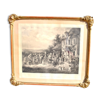 Lithograph gilded frame, antique engraving Duval Lecamus, The opening of the Hunt, 1900