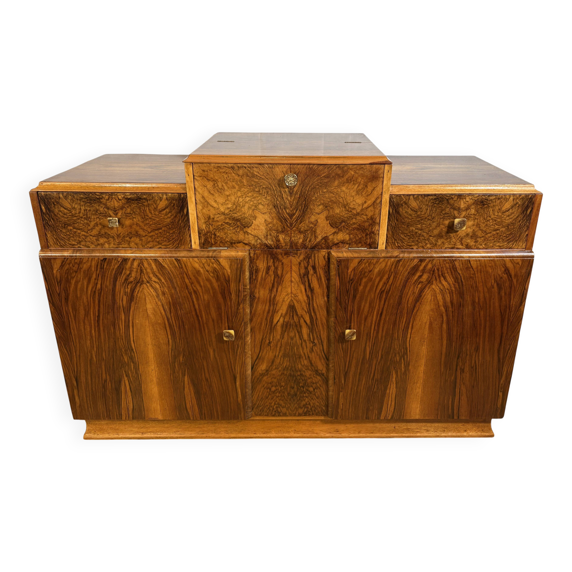 Art Deco English Burr Walnut Cocktail Sideboard – Circa 1930s  A stunning o