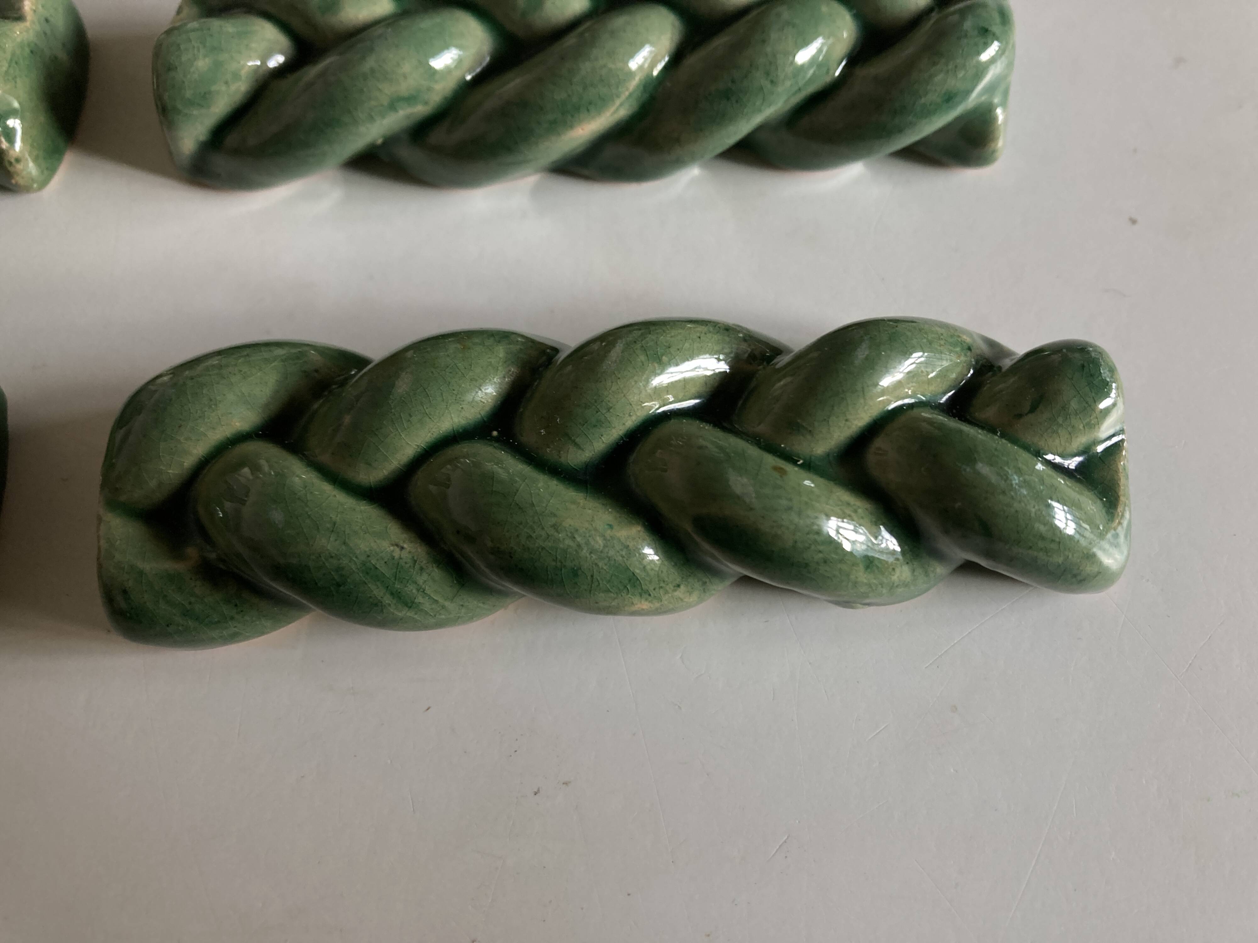 Set of 6 braided knife holders in green glazed earth