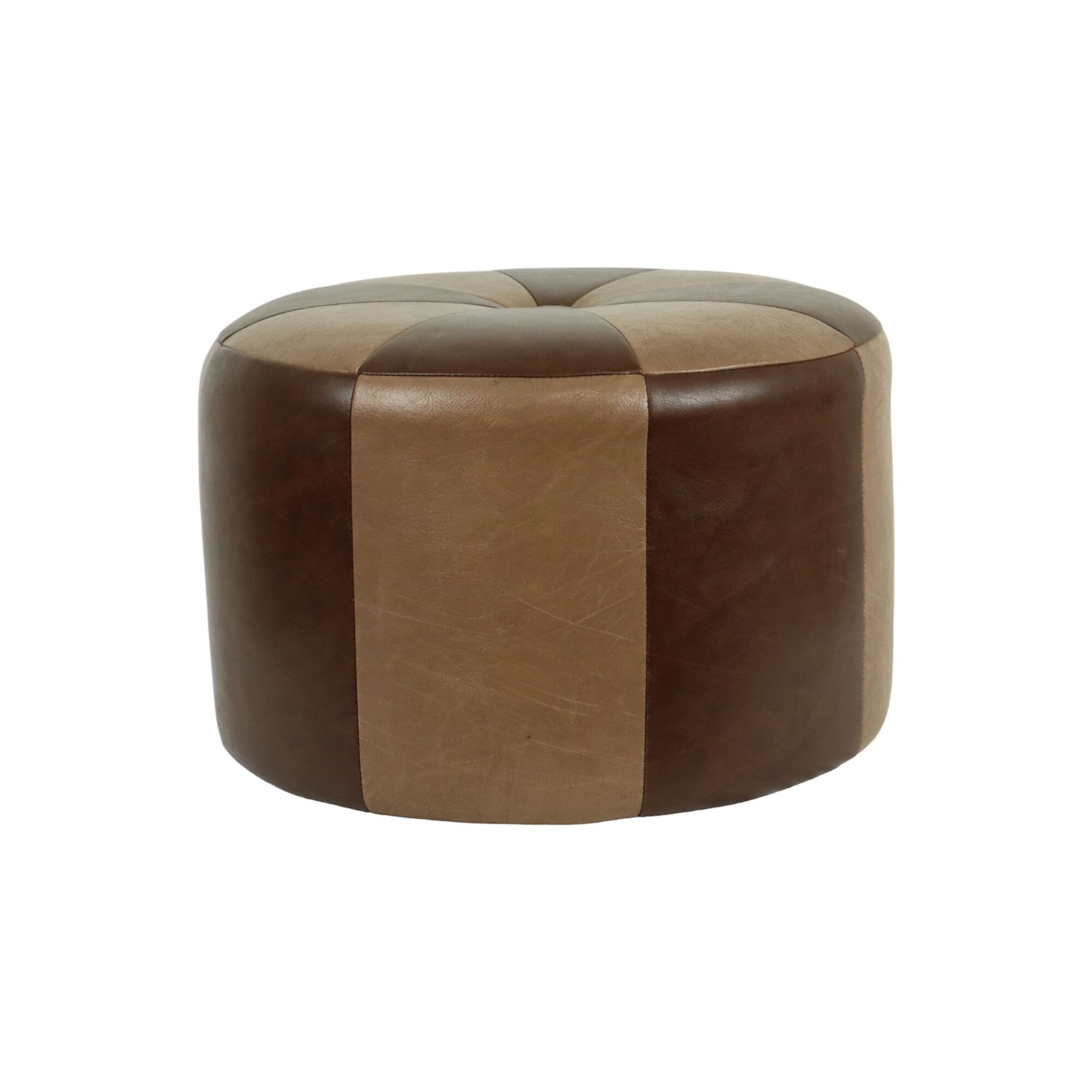 Vintage round pouf skai leather wood footstool brown pattern 44cm