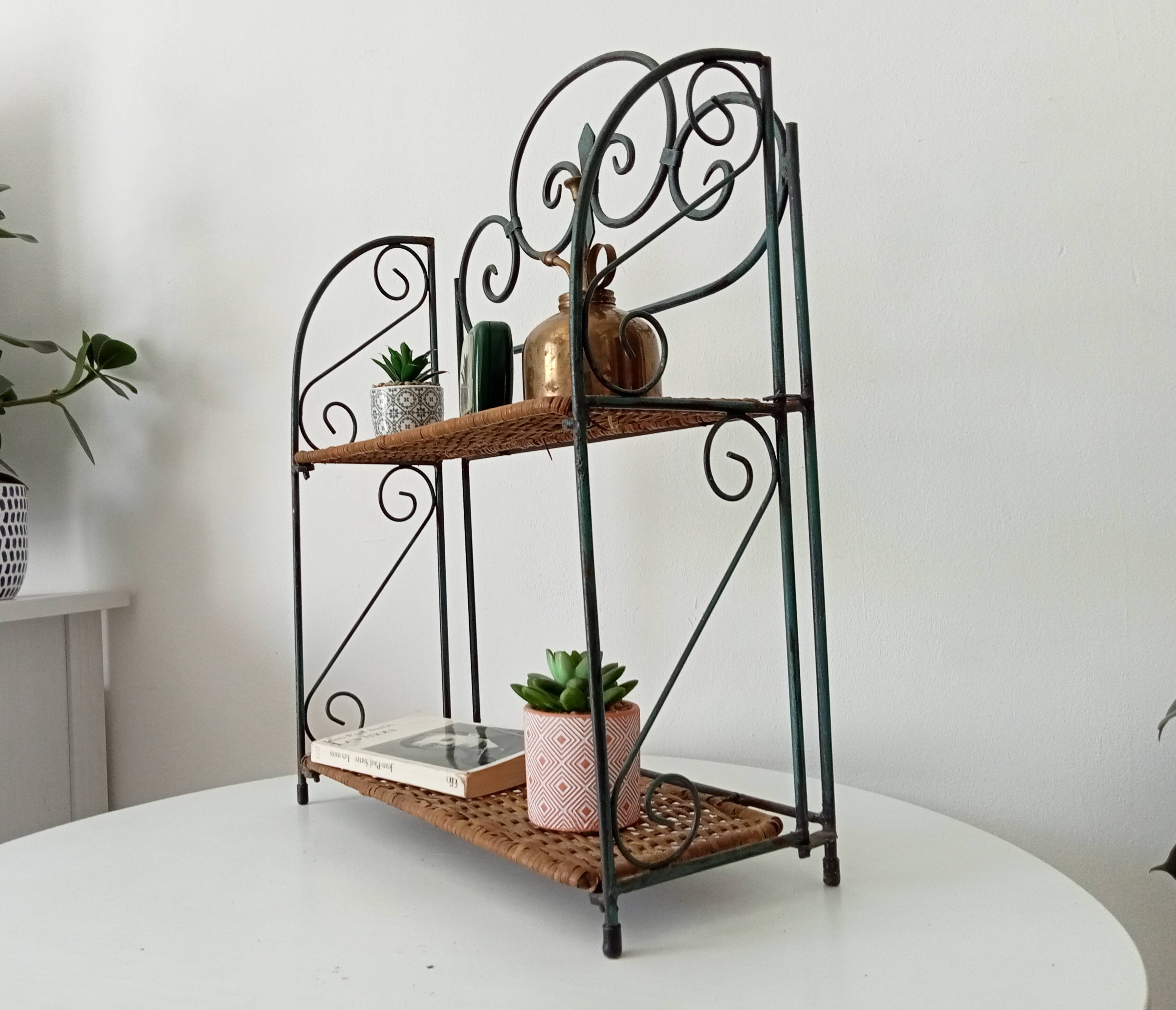 Vintage wall or table shelf in wrought iron and rattan