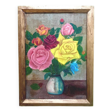 Peinture à l'huile sur bois, Bouquet jaune vif, France années 1960