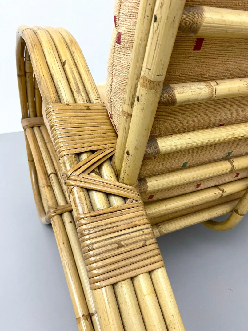 Chaise longue en rotin, bambou et tissu, France, années 1960