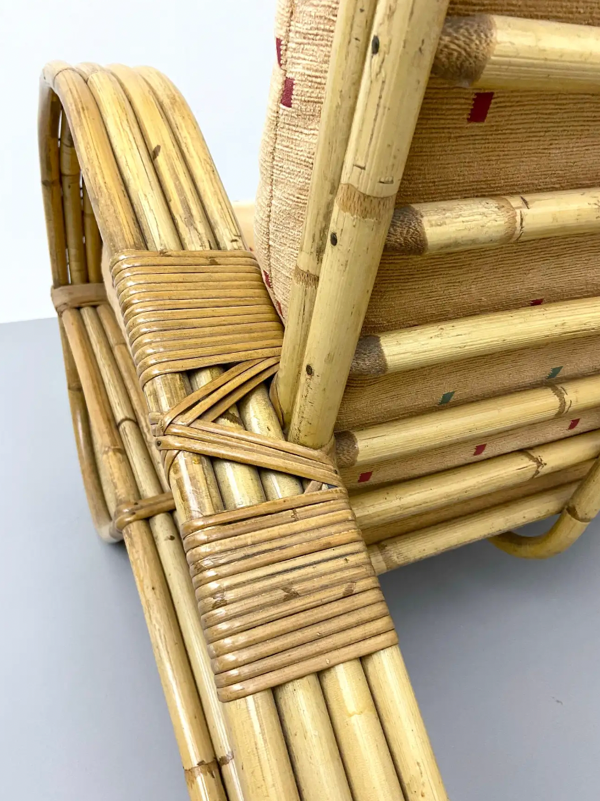 Chaise longue en rotin, bambou et tissu, France, années 1960