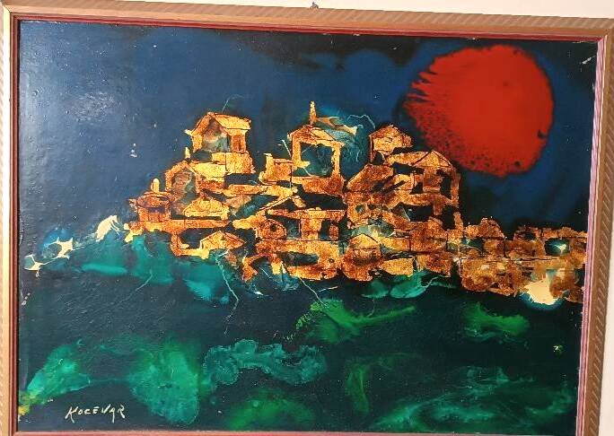 Abstract painting - gold leaf and enamel - Enzo Kocevar 1970s