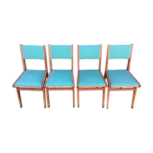 4 chaises vintage pieds compas en hêtre et Skaï vert