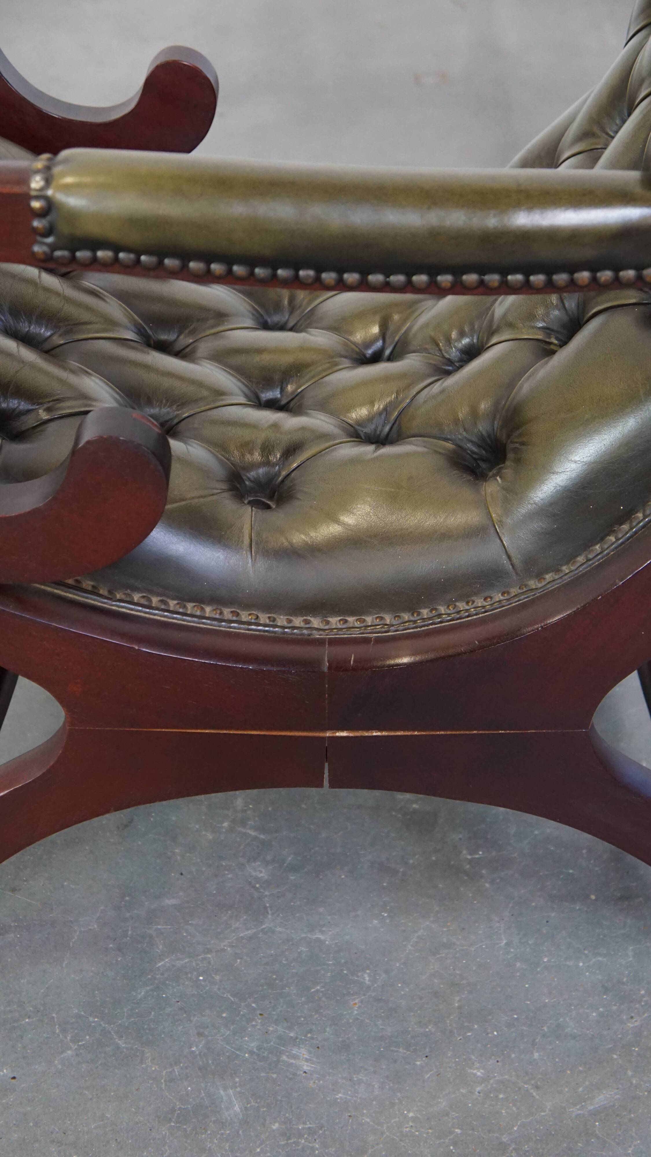 Green cow leather chesterfield armchair combined with wood