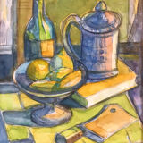 Watercolor by georges zelter, 1938-1987. still life with pitcher