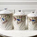 Trio of antique hand-painted ceramic pots (flour, sugar, coffee)