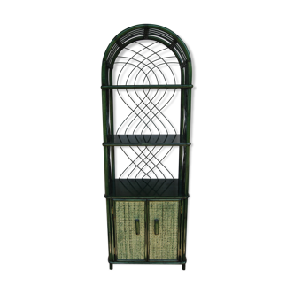 Library bamboo shelf and green woolly rattan