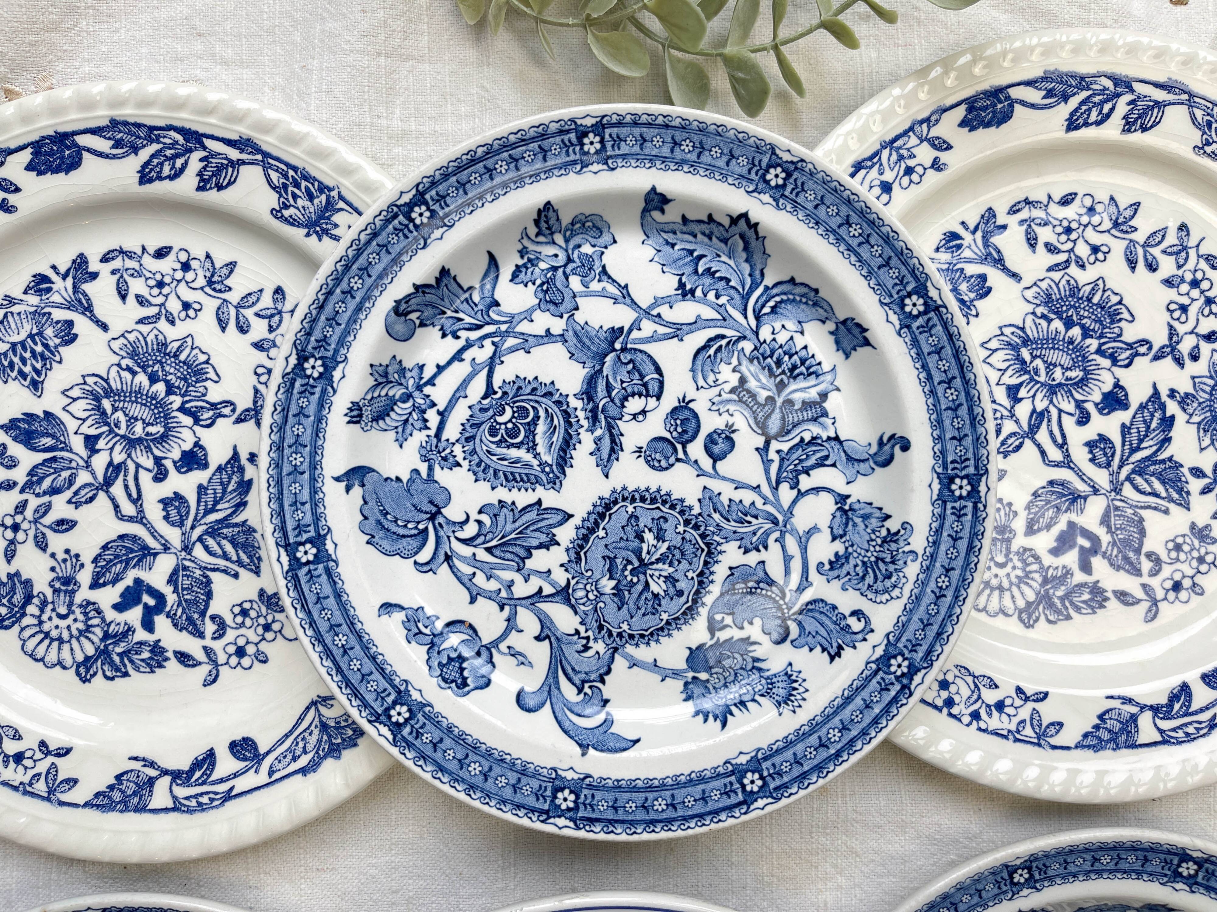 6 Vintage White Porcelain Plates with Gold Trim + 6 Small Mismatched Blue Jacobean Plates