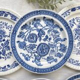 6 Vintage White Porcelain Plates with Gold Trim + 6 Small Mismatched Blue Jacobean Plates