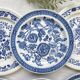 6 Vintage White Porcelain Plates with Gold Trim + 6 Small Mismatched Blue Jacobean Plates