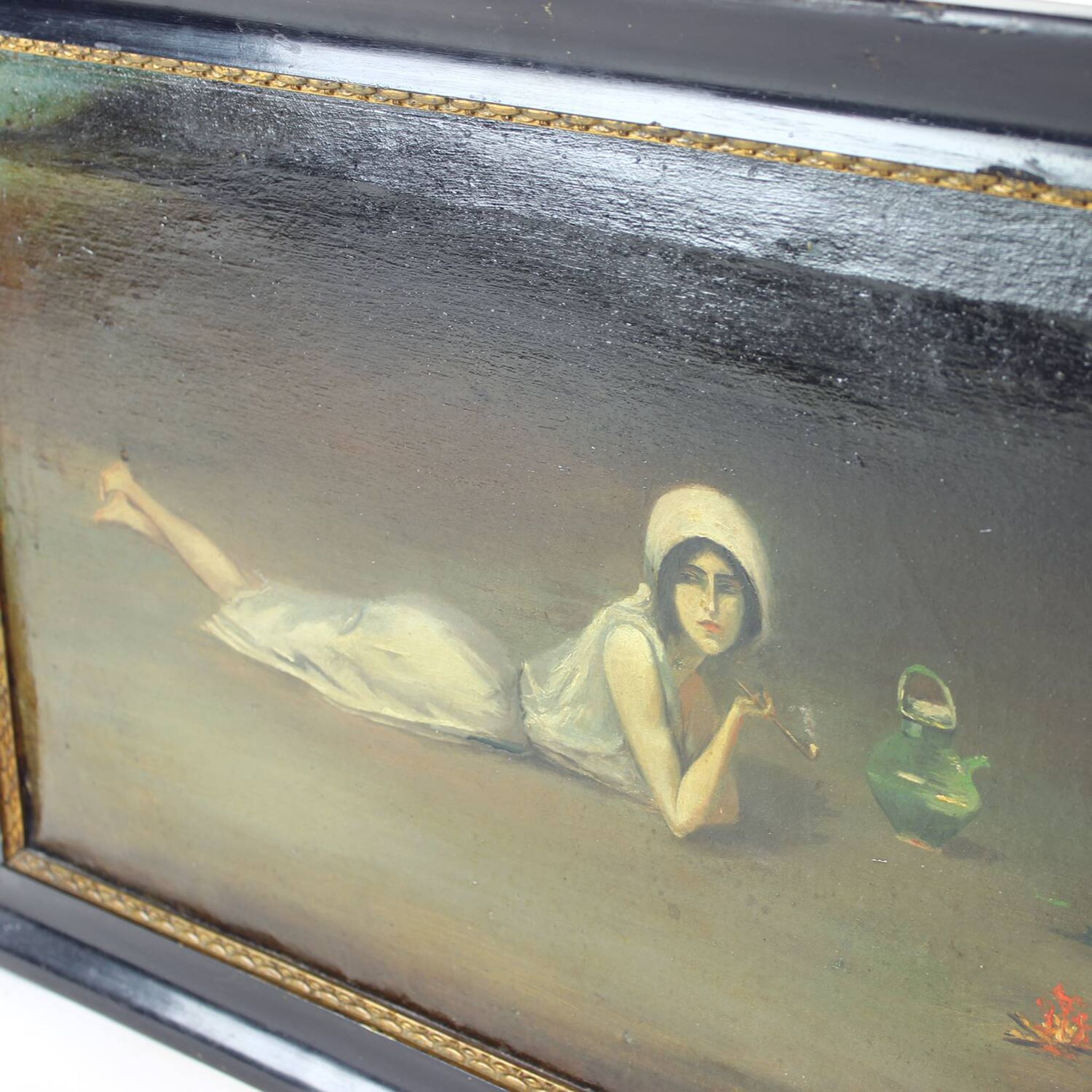 Peinture à l'huile vintage d'une gitane de Zamutov, Tchécoslovaquie, années 1940