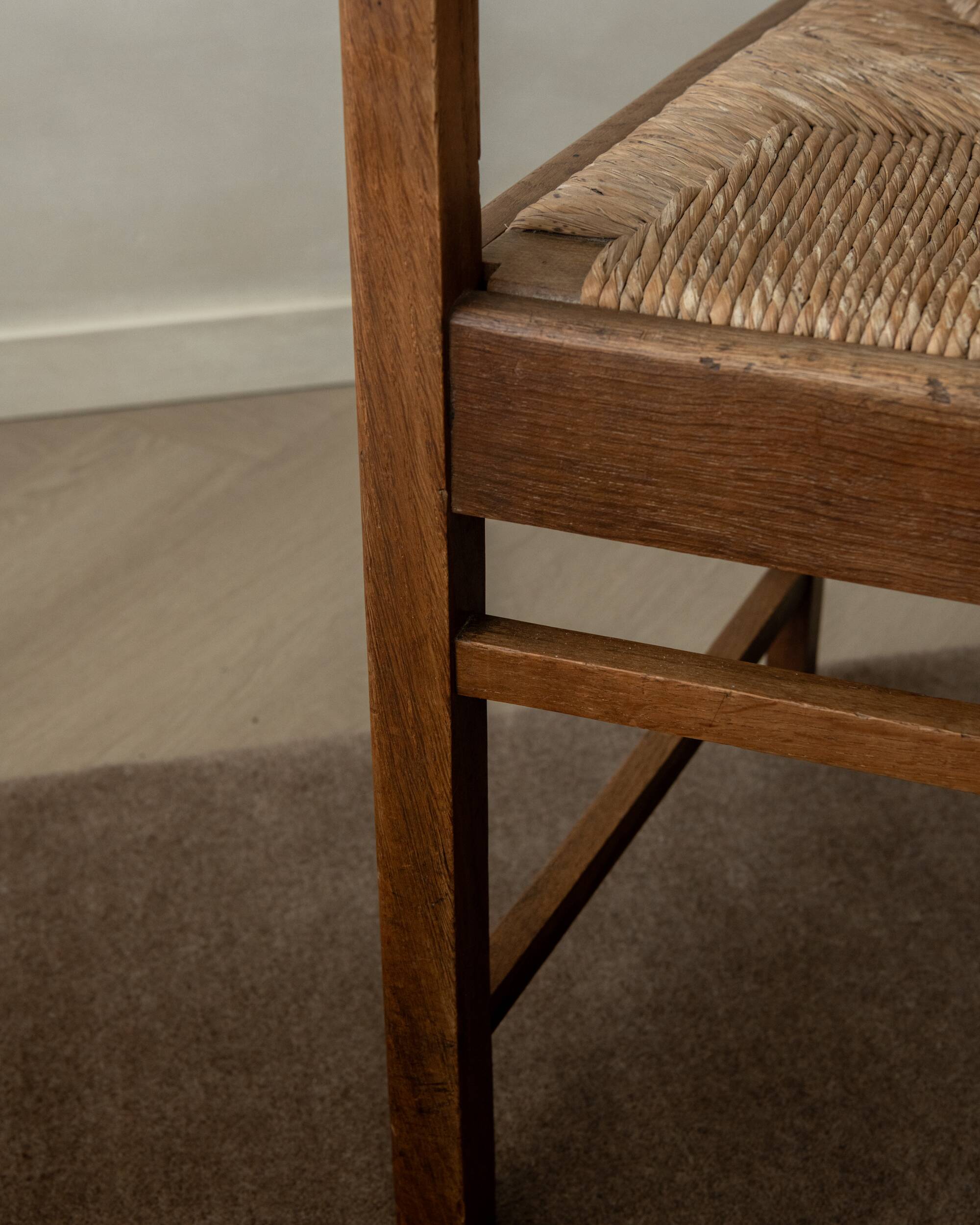 Dutch Art Deco Oak and Rush Armchair, Amsterdam School, 1920s