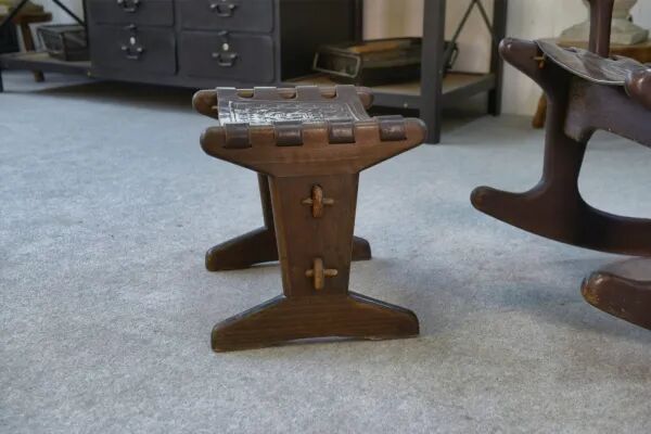 Armchair with ottoman by Angel Pazmino in wood and brown leather 1960's