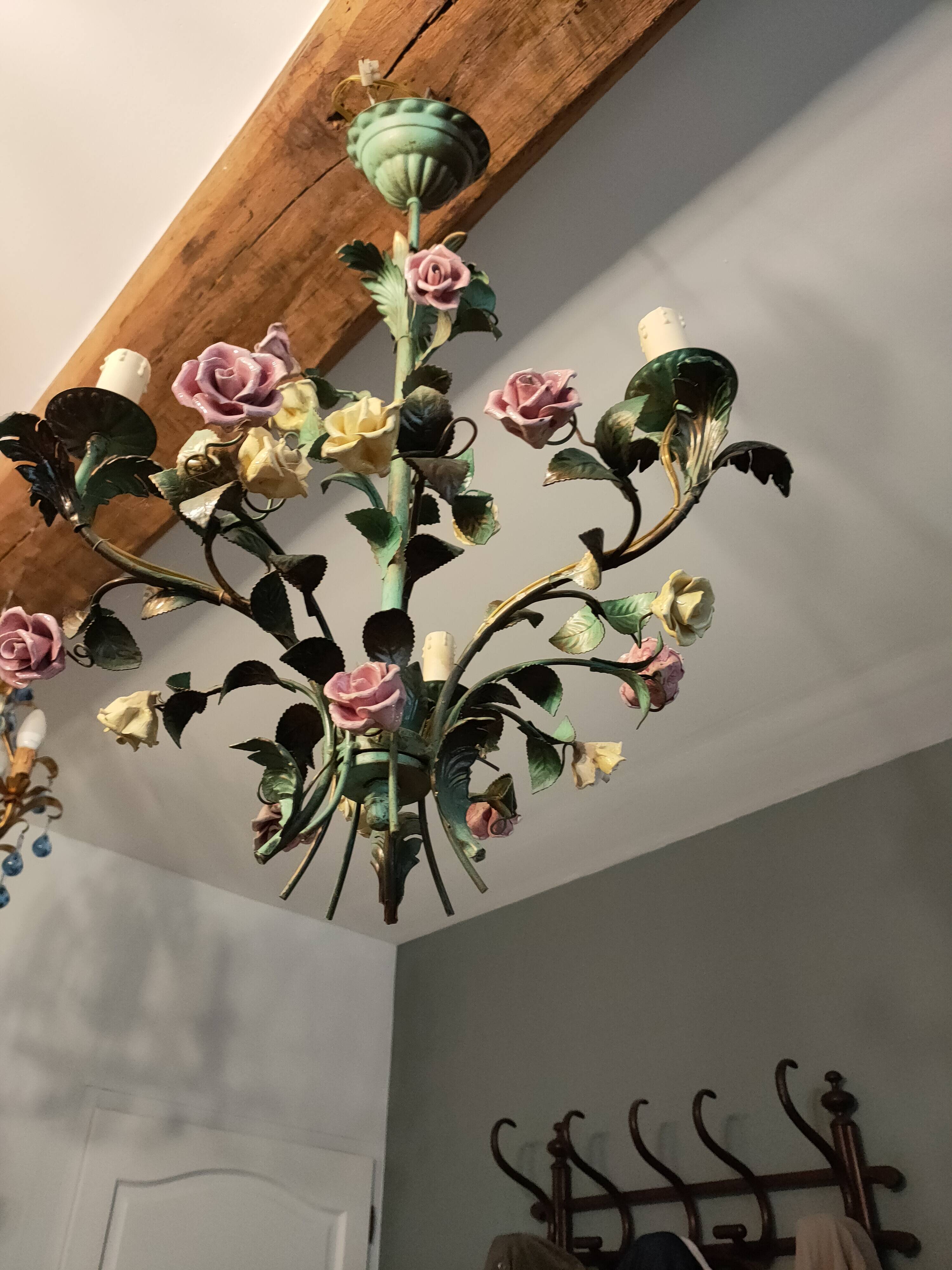 metal chandelier and porcelain flowers
