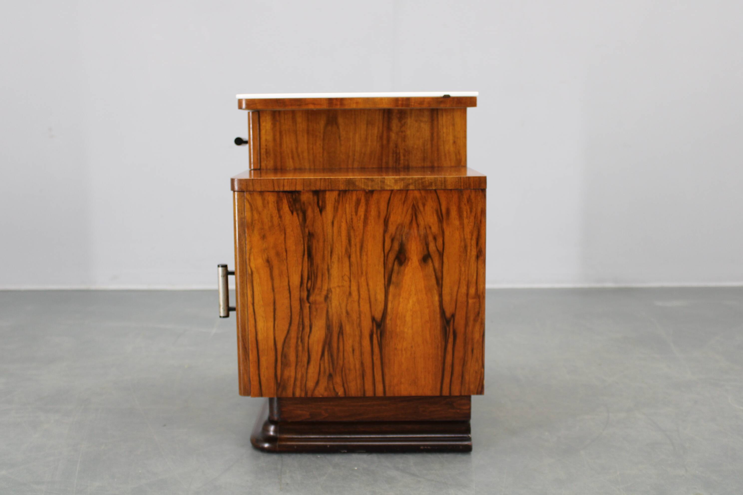 1940s night stand in walnut finish with glass top, Czechoslovakia