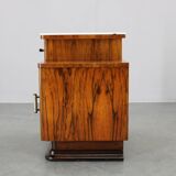 1940s night stand in walnut finish with glass top, Czechoslovakia