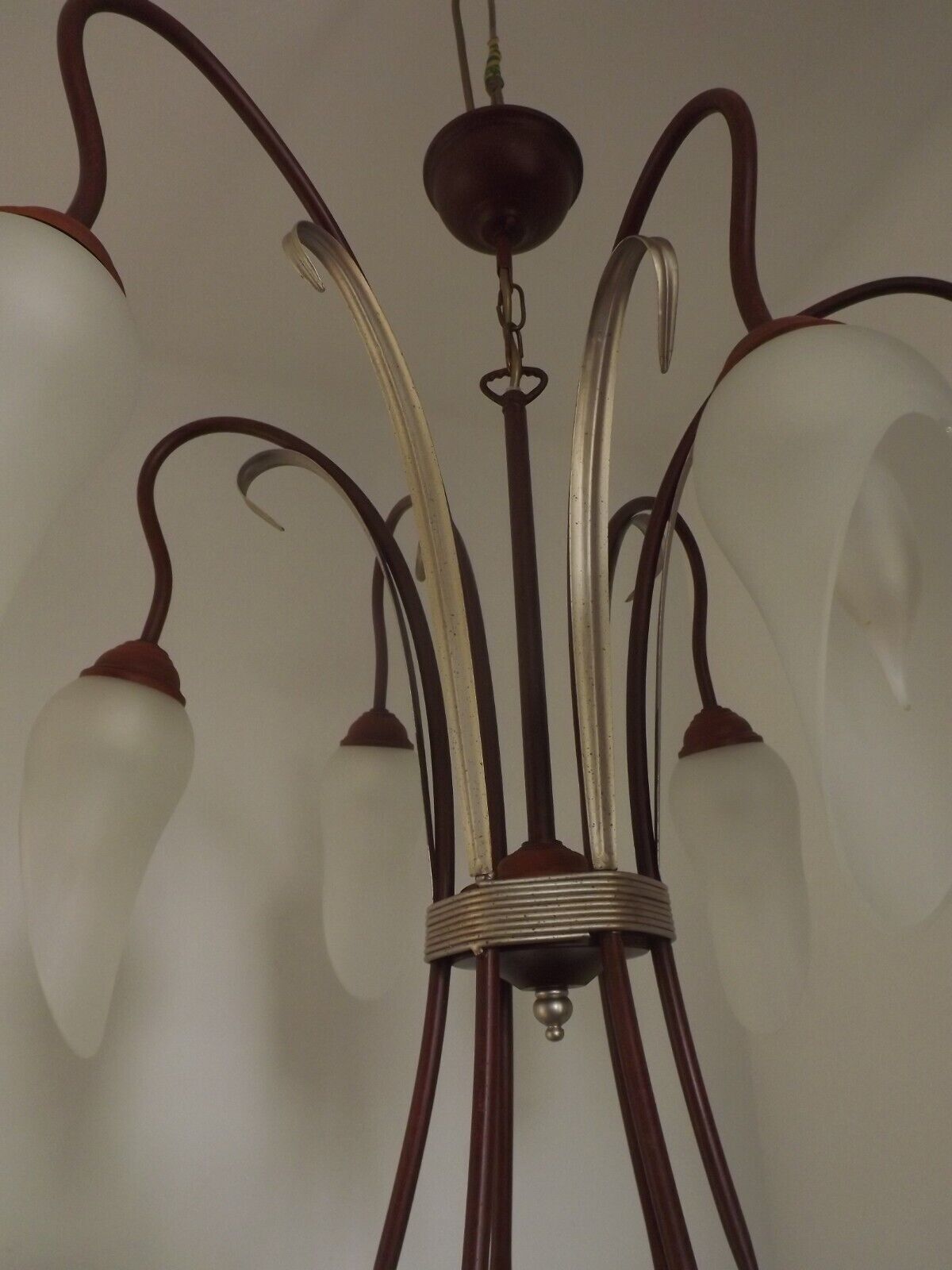 French vintage 6 arm brown & silver toleware chandelier opaque glass shades 3861