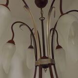 French vintage 6 arm brown & silver toleware chandelier opaque glass shades 3861