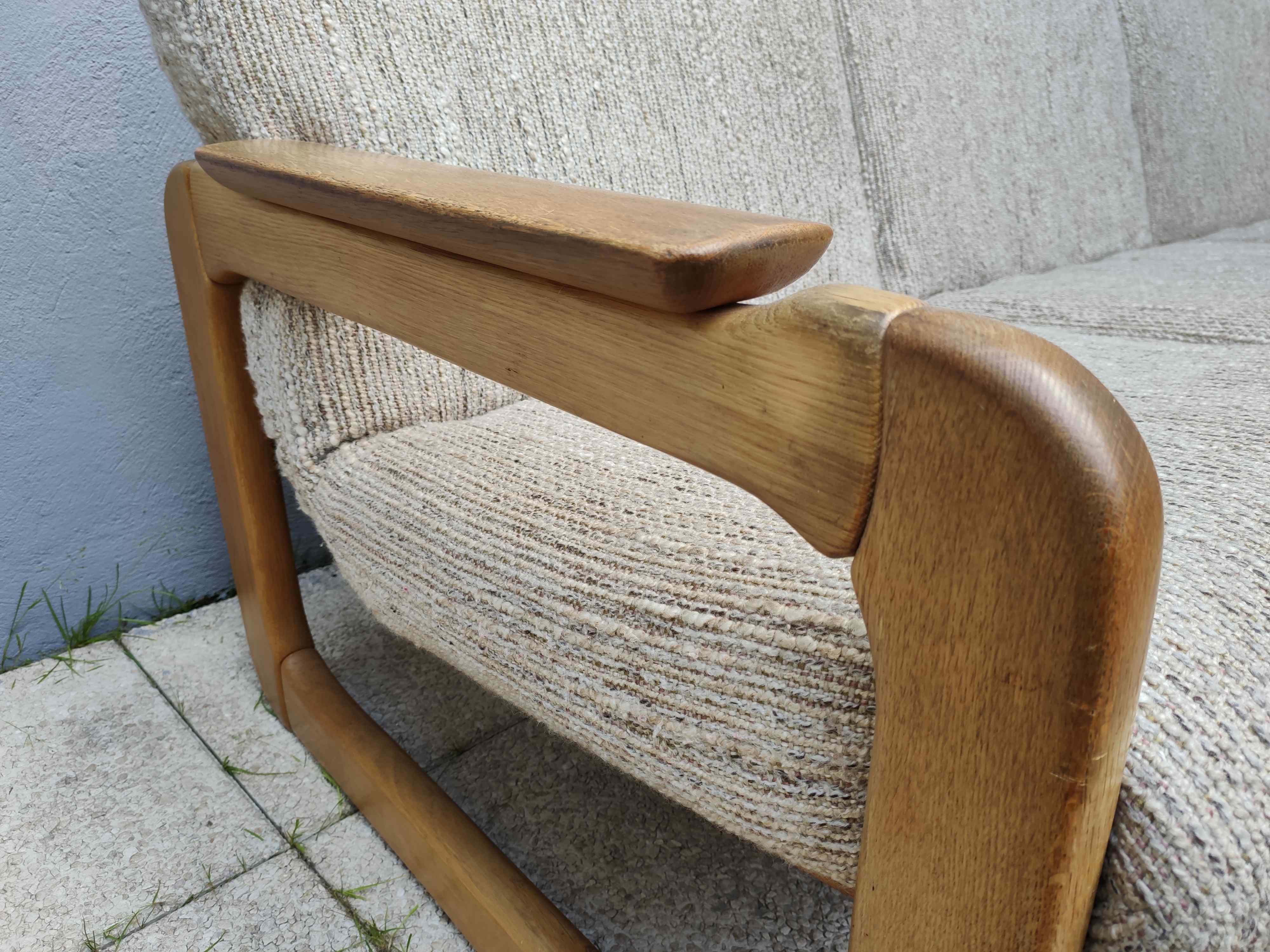 Set of 3-seater sofa + sled chair, 60/70's in oak