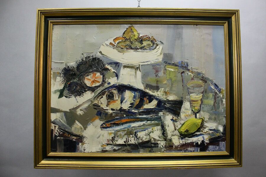 Oil on canvas ernest audibert, still life with fish