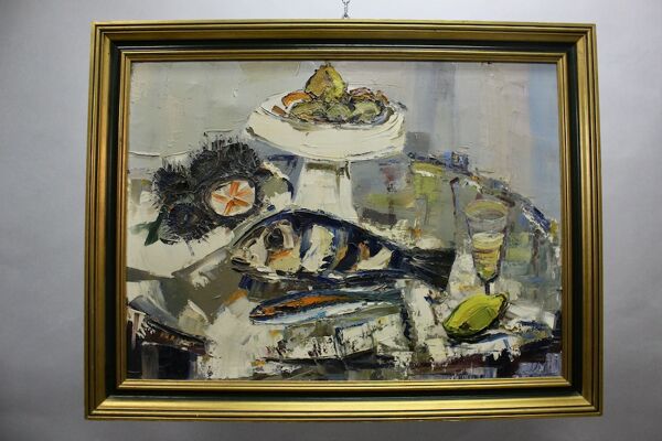 Huile sur toile ernest audibert, nature morte au poisson
