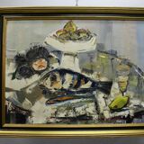 Oil on canvas ernest audibert, still life with fish