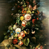 Procédé sur toile rehaussé à la main, bouquet de fleurs sur entablement