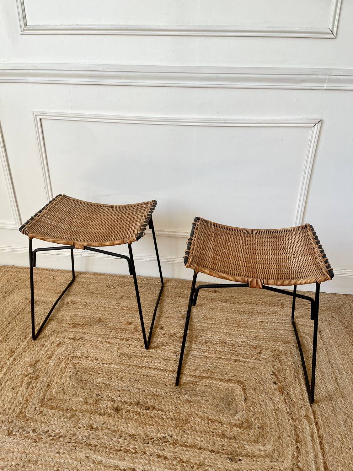 Pair of Raoul Guys stools for Airborne in wicker 1950