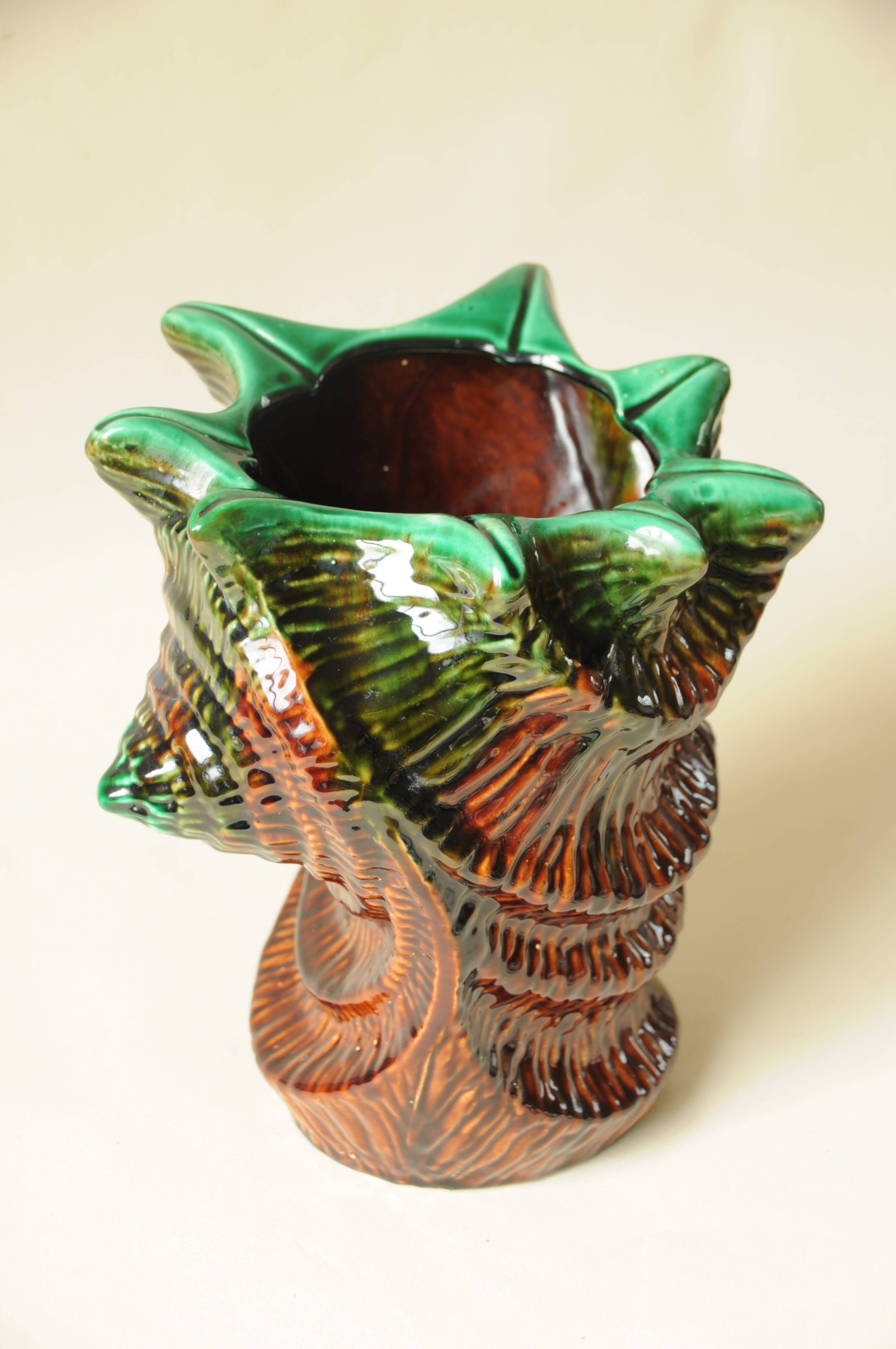 Vintage Shell Vase in Ceramic Barbotine - Green & Brown - 1970s