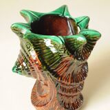 Vintage Shell Vase in Ceramic Barbotine - Green & Brown - 1970s