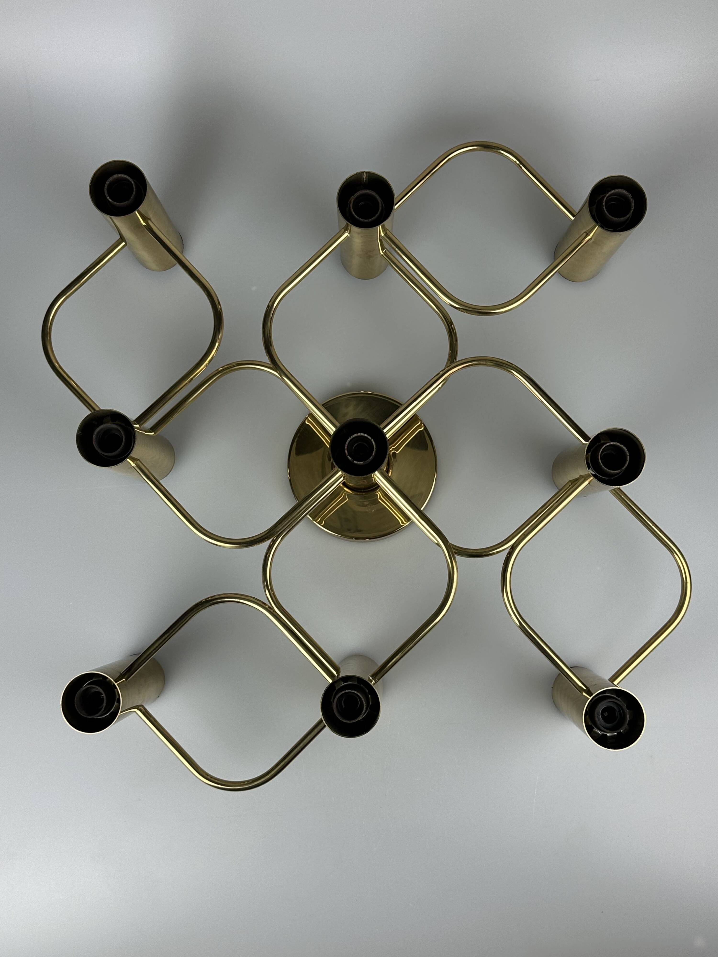 60s 70s 9-bulb ceiling lamp from Leola Leuchten Germany in brass