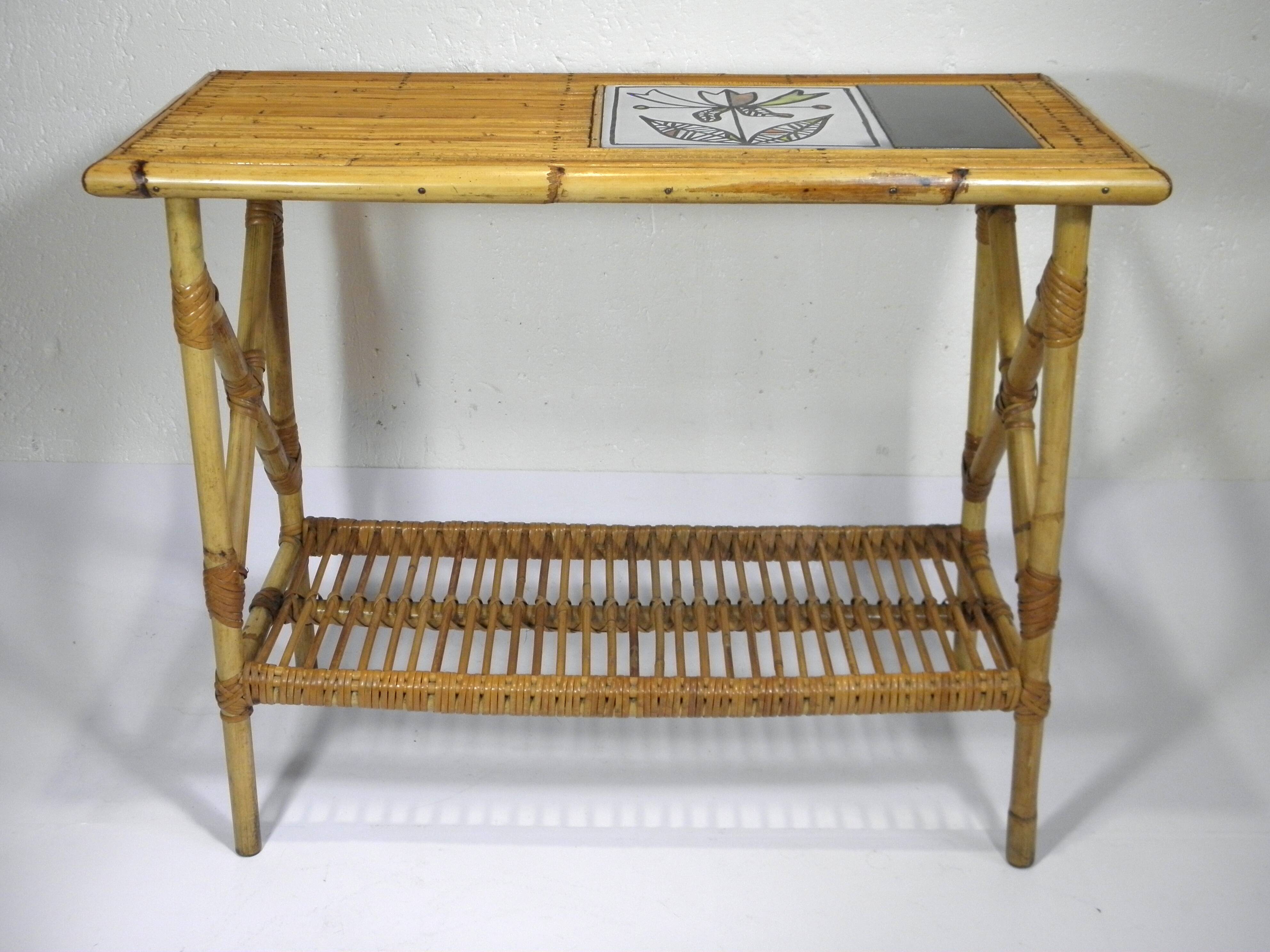 Rattan and ceramic console table - AUDOUX - MINNET and Roger CAPRON